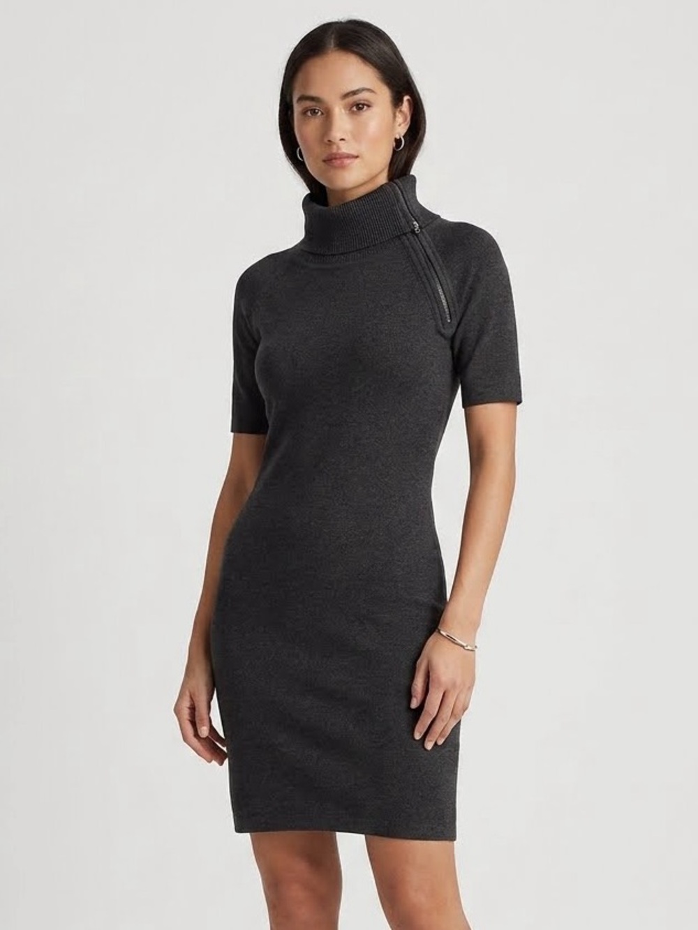 Calvin Klein Charcoal Gray Short-Sleeve Funnel Zip Neck Knit Mini Dress Medium
